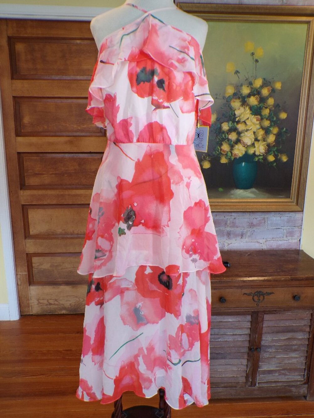 CeCe Watercolor Poppy Floral Ruffle Maxi Dress Halter Neckline Size 14